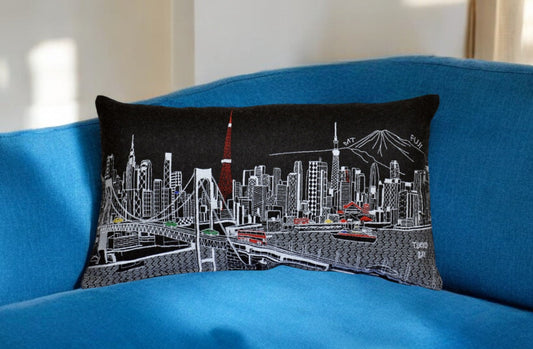 25" Black Tokyo Nighttime Skyline Lumbar Decorative Pillow FurniFindUSA