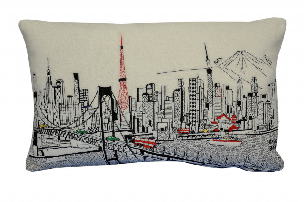 25" White Tokyo Daylight Skyline Lumbar Decorative Pillow FurniFindUSA