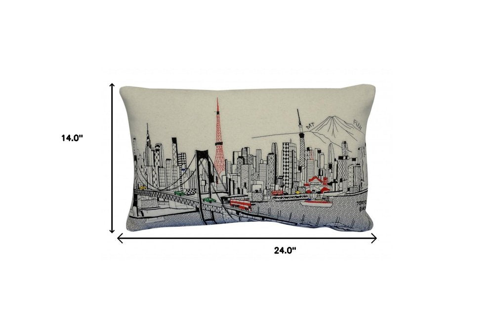 14" X 24" Dark Gray And White Tokyo Nighttime Skyline Lumbar Decorative Pillow — view 6