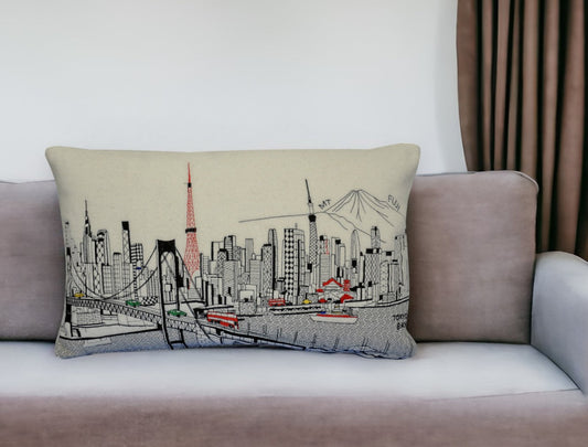 25" White Tokyo Daylight Skyline Lumbar Decorative Pillow FurniFindUSA