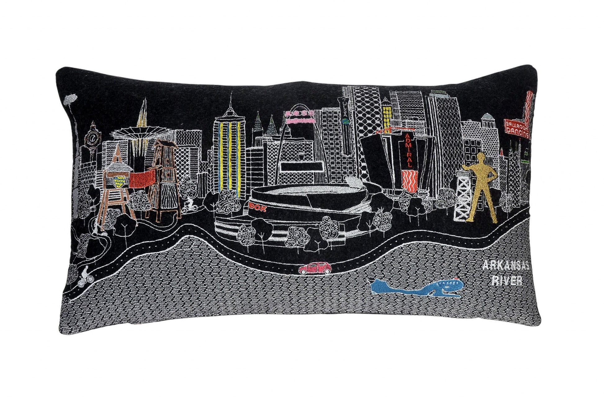 25" Black Tulsa Nighttime Skyline Lumbar Decorative Pillow FurniFindUSA