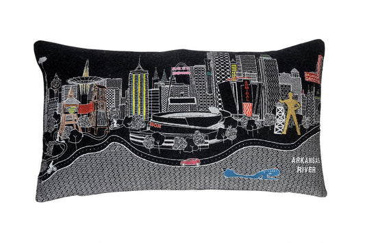 25" Black Tulsa Nighttime Skyline Lumbar Decorative Pillow FurniFindUSA
