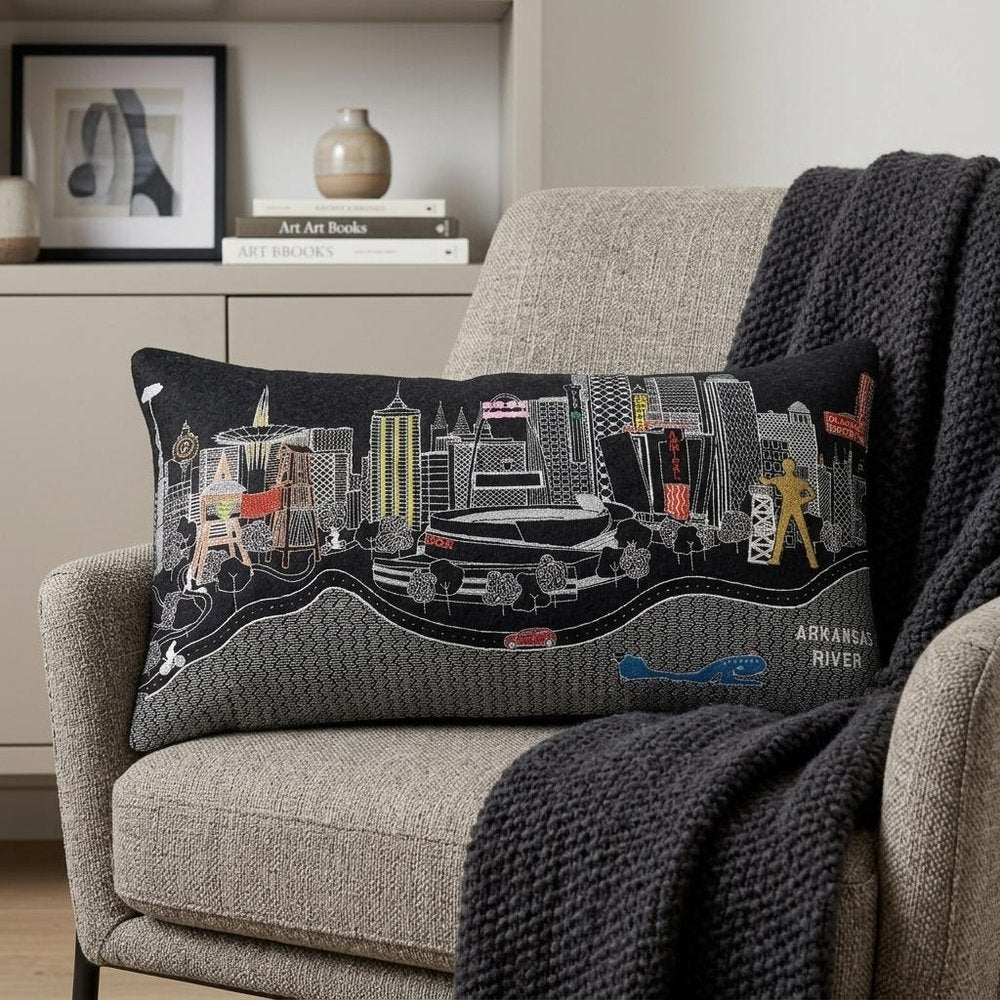 14" X 25" Dark Gray And White Tulsa Nighttime Skyline Lumbar Decorative Pillow HomeRoots