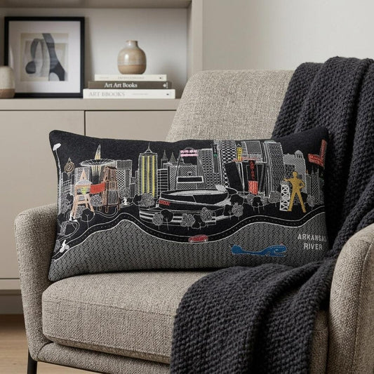 14" X 25" Dark Gray And White Tulsa Nighttime Skyline Lumbar Decorative Pillow