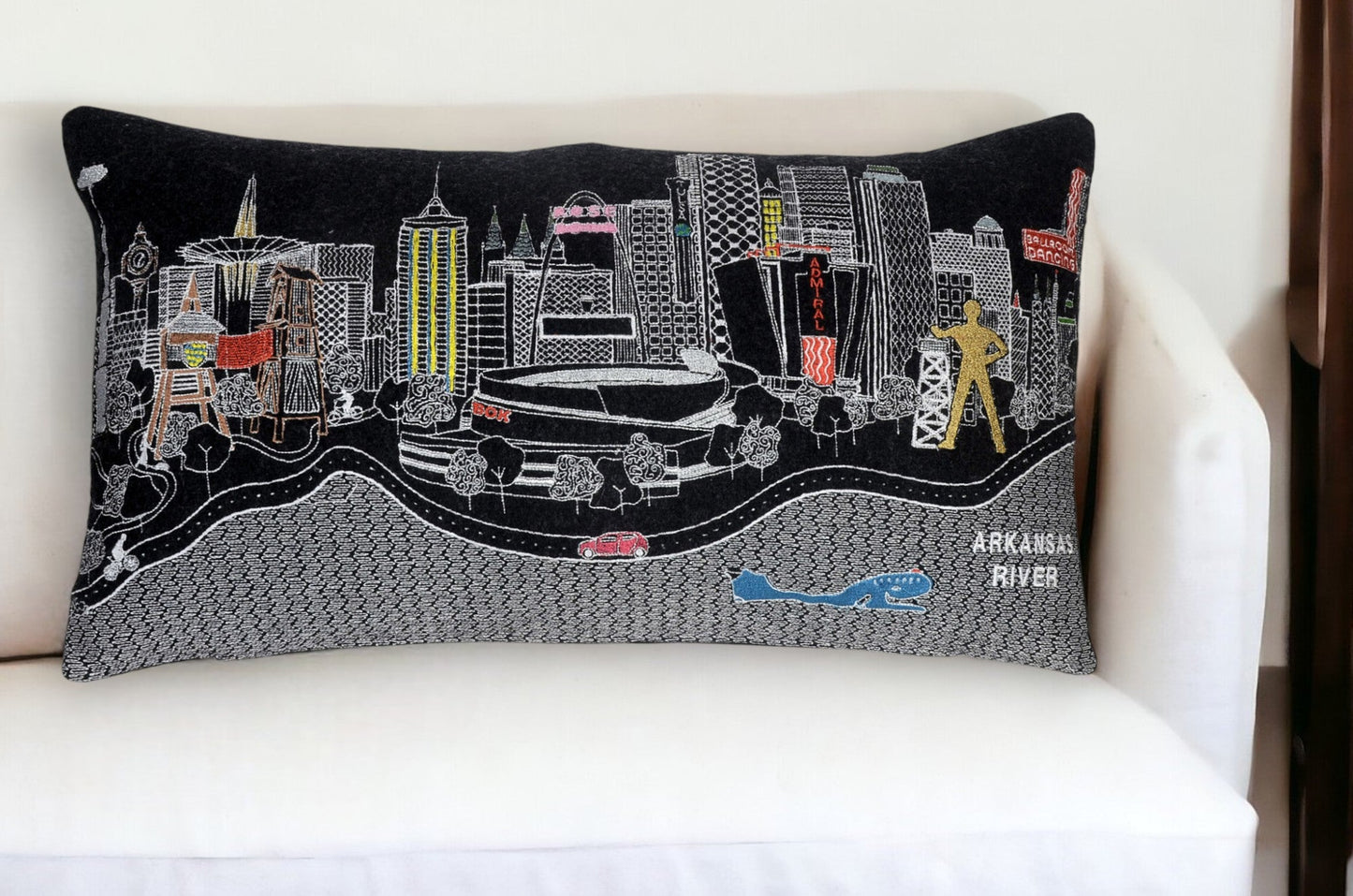 25" Black Tulsa Nighttime Skyline Lumbar Decorative Pillow FurniFindUSA