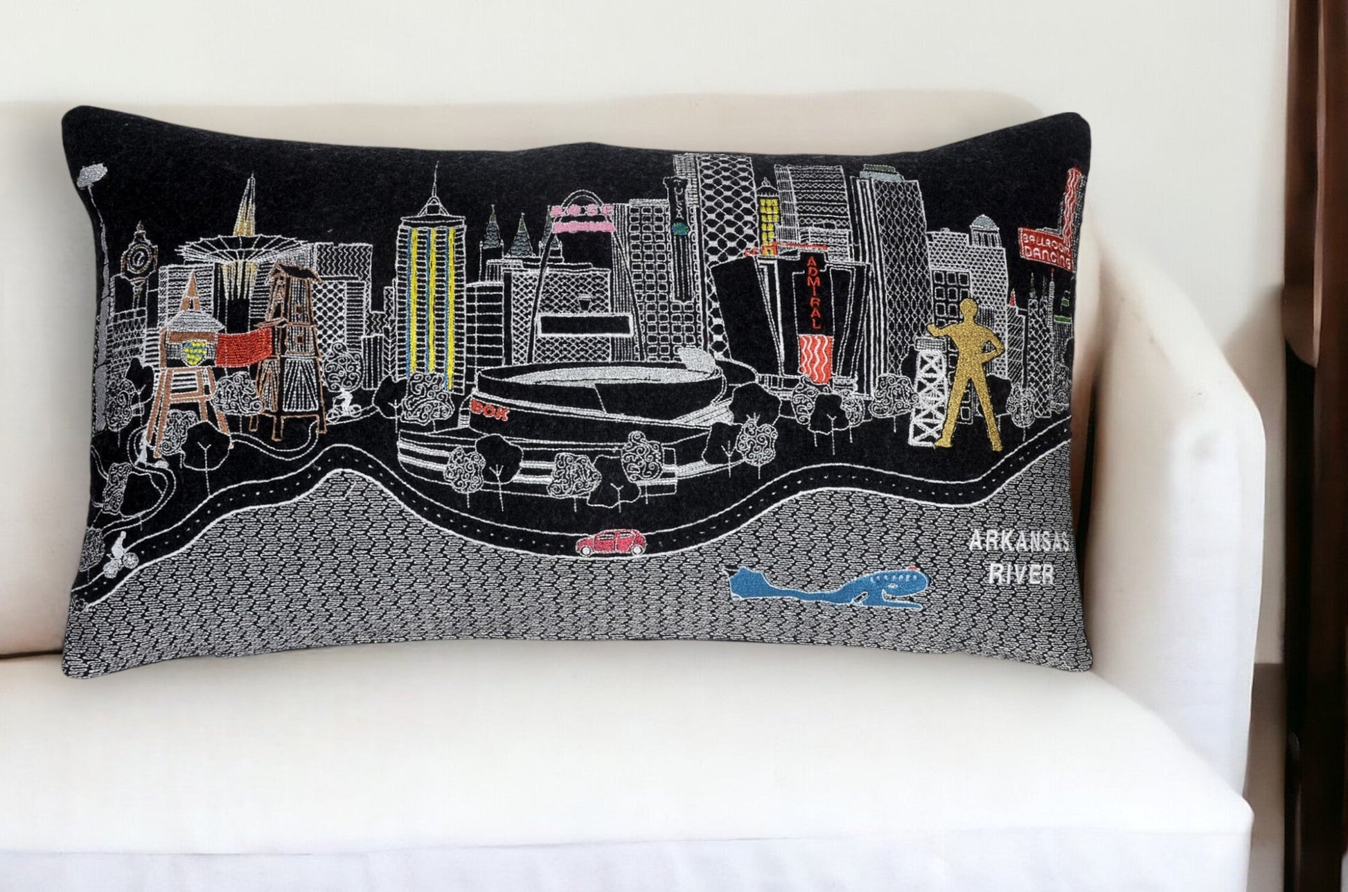 25" Black Tulsa Nighttime Skyline Lumbar Decorative Pillow FurniFindUSA