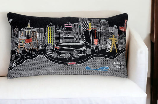 25" Black Tulsa Nighttime Skyline Lumbar Decorative Pillow FurniFindUSA