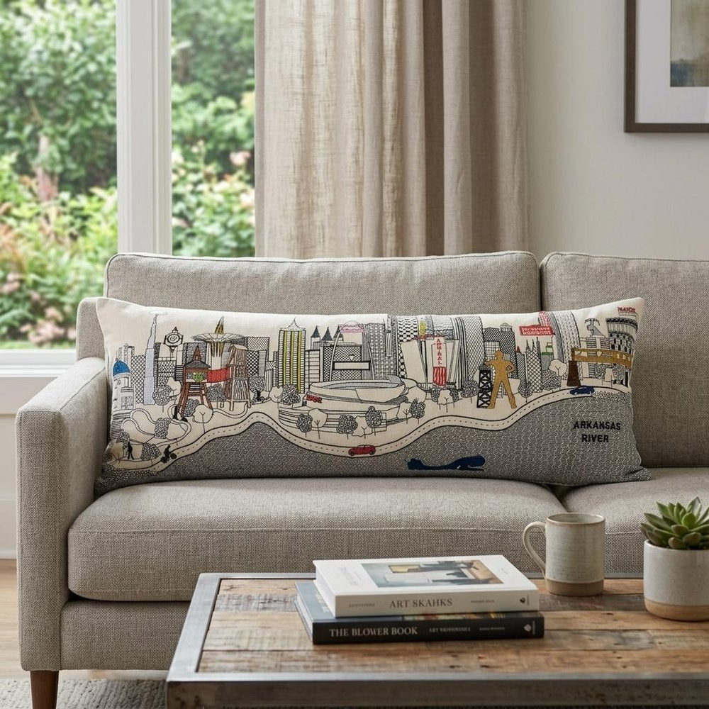 14" X 25" Dark Gray And White Tulsa Nighttime Skyline Lumbar Decorative Pillow HomeRoots