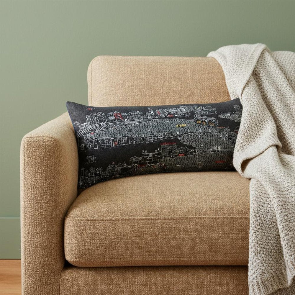 14" X 35" Dark Gray And White Amsterdam Nighttime Skyline Lumbar Decorative Pillow HomeRoots