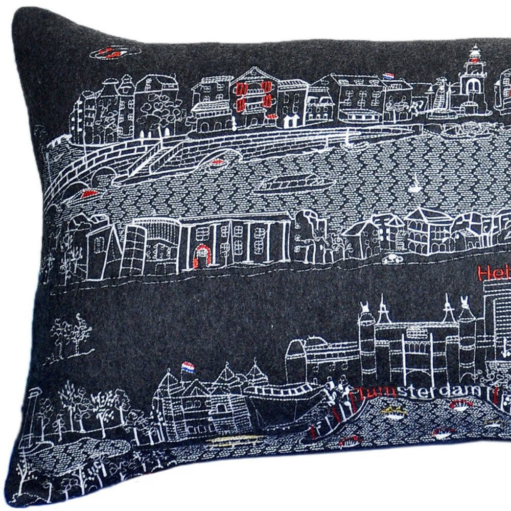 14" X 35" Dark Gray And White Amsterdam Nighttime Skyline Lumbar Decorative Pillow — view 3