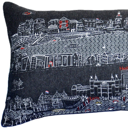 14" X 35" Dark Gray And White Amsterdam Nighttime Skyline Lumbar Decorative Pillow HomeRoots