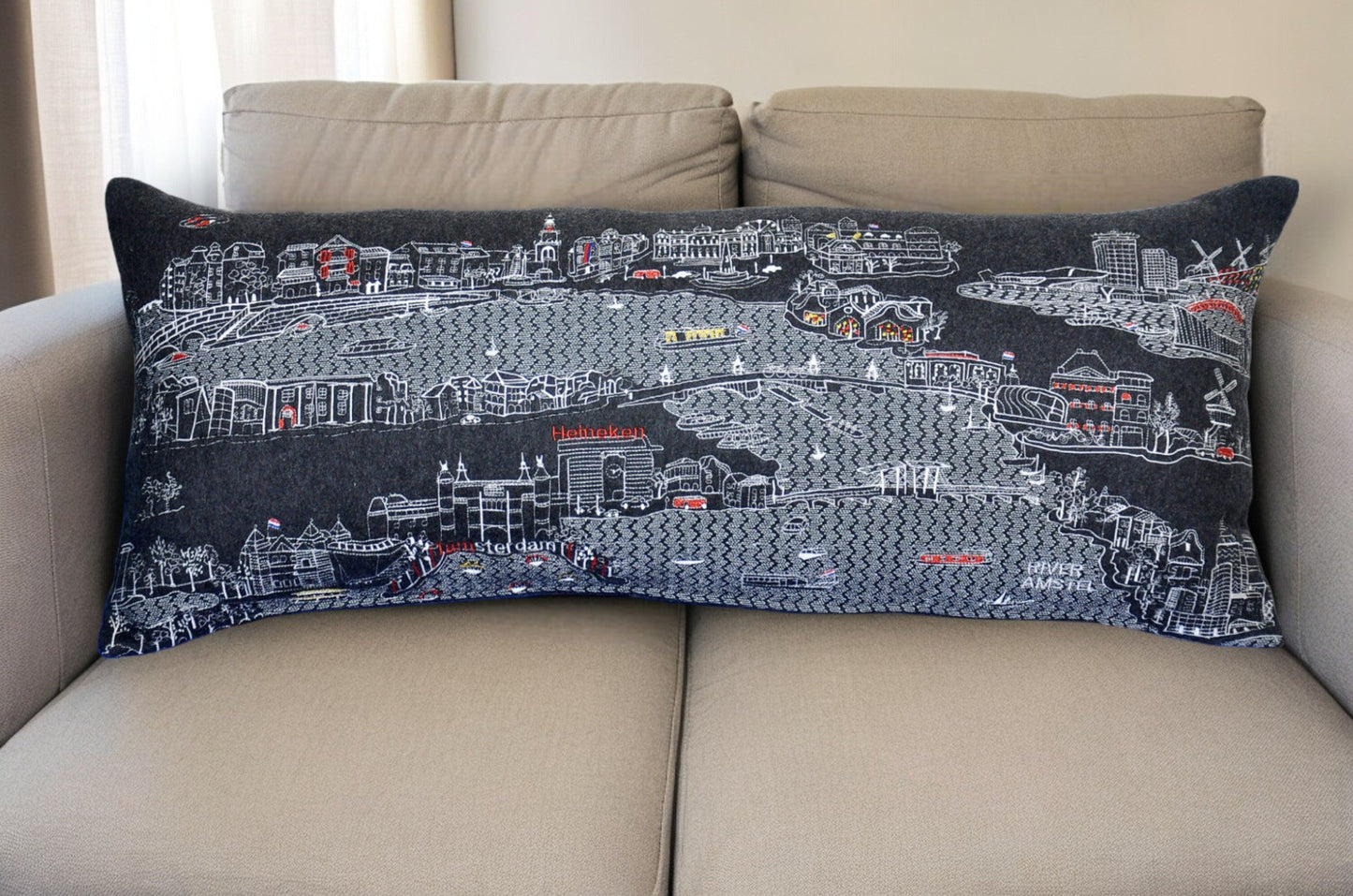 35" Black Amsterdam Nighttime Skyline Lumbar Decorative Pillow FurniFindUSA