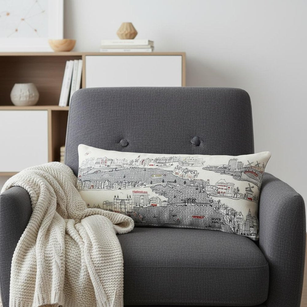 14" X 35" Dark Gray And White Amsterdam Nighttime Skyline Lumbar Decorative Pillow HomeRoots