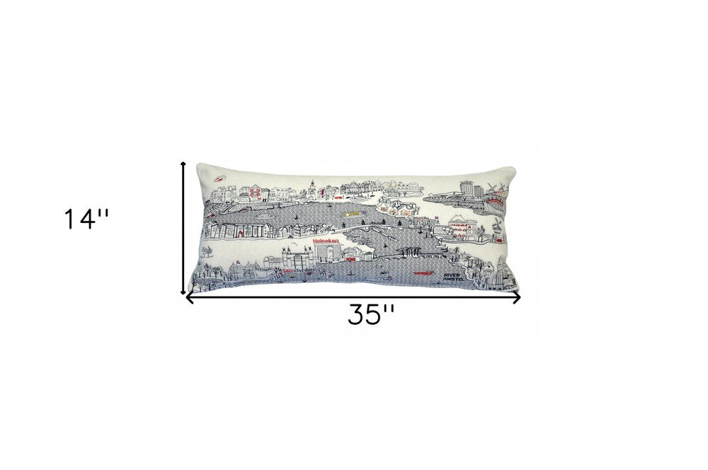 14" X 35" Dark Gray And White Amsterdam Nighttime Skyline Lumbar Decorative Pillow — view 9