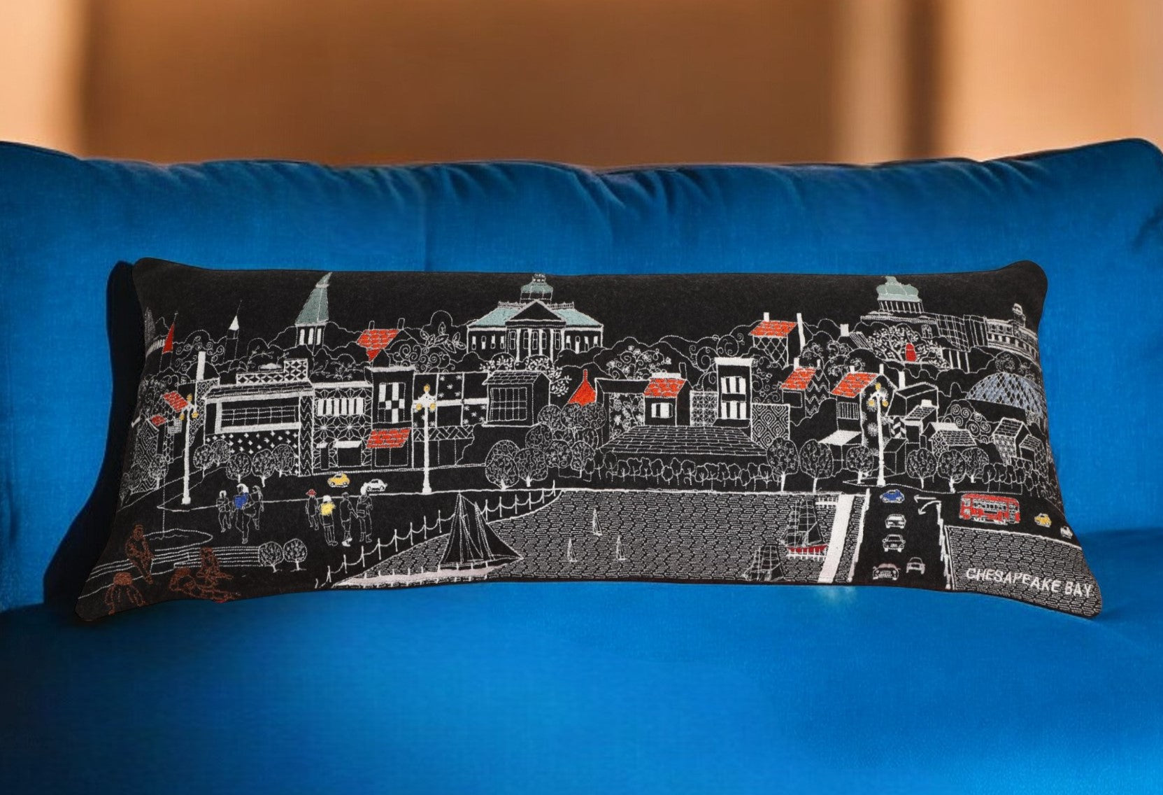 35" Black Annapolis Nighttime Skyline Lumbar Decorative Pillow FurniFindUSA