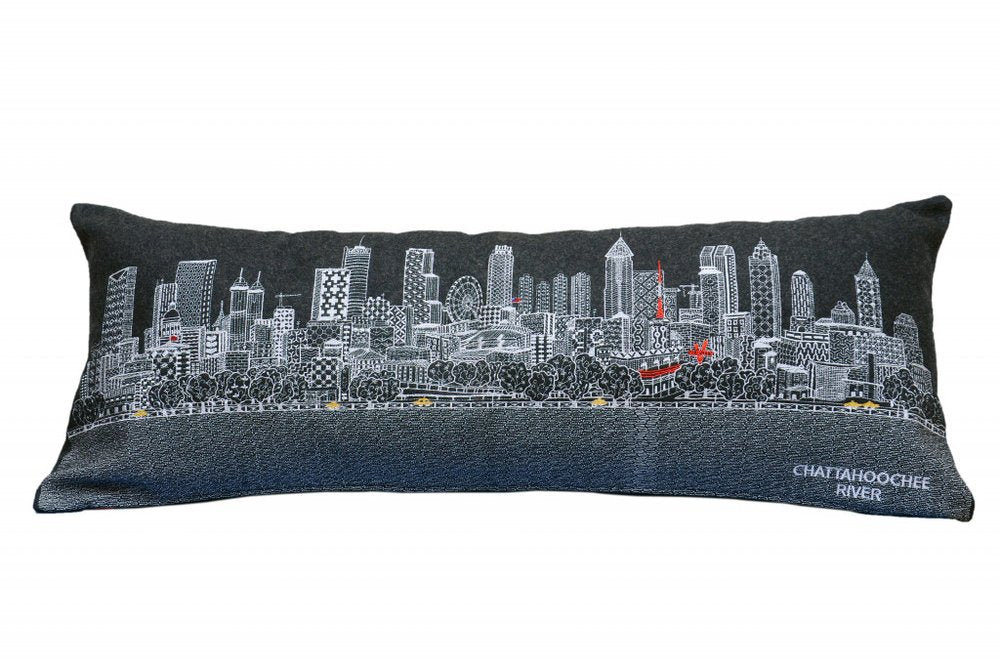 14" X 35" Dark Gray And White Atlanta Nighttime Skyline Lumbar Decorative Pillow — view 2