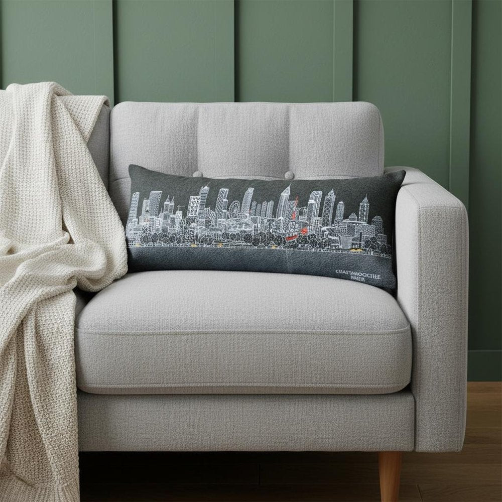 14" X 35" Dark Gray And White Atlanta Nighttime Skyline Lumbar Decorative Pillow HomeRoots