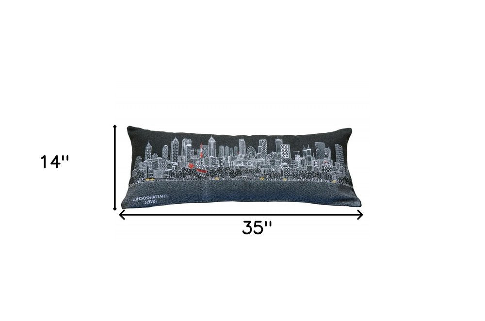 14" X 35" Dark Gray And White Atlanta Nighttime Skyline Lumbar Decorative Pillow — view 5