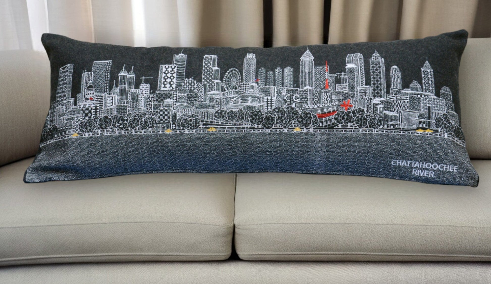 35" Black Atlanta Nighttime Skyline Lumbar Decorative Pillow FurniFindUSA