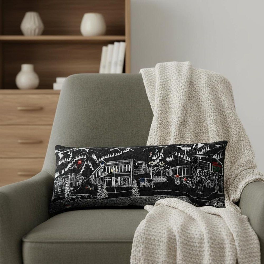14" X 35" Dark Gray And White Aspen Nighttime Skyline Lumbar Wool Throw Pillow — view 1
