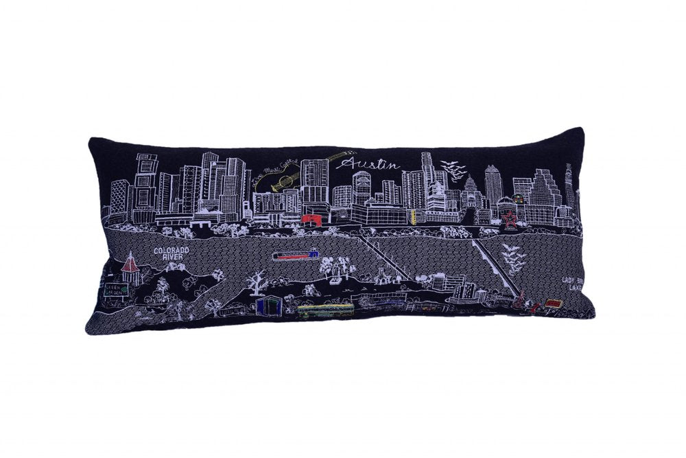 14" X 35" Dark Gray And White Austin Nighttime Skyline Lumbar Decorative Pillow — view 2
