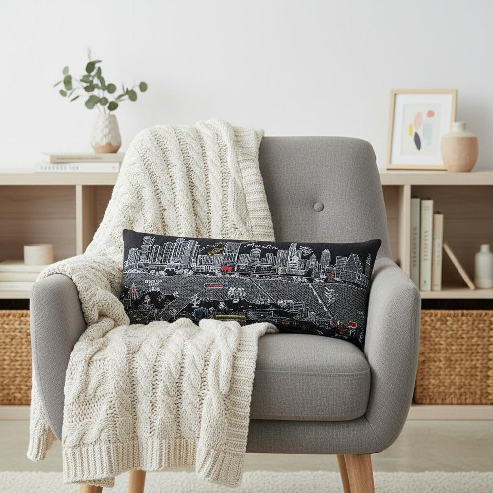 14" X 35" Dark Gray And White Austin Nighttime Skyline Lumbar Decorative Pillow — view 1