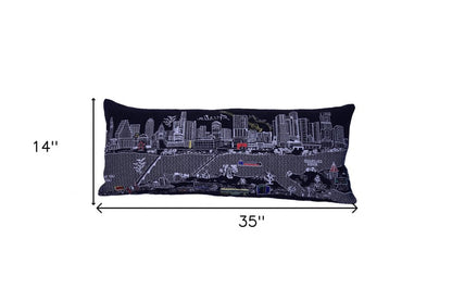 14" X 35" Dark Gray And White Austin Nighttime Skyline Lumbar Decorative Pillow HomeRoots