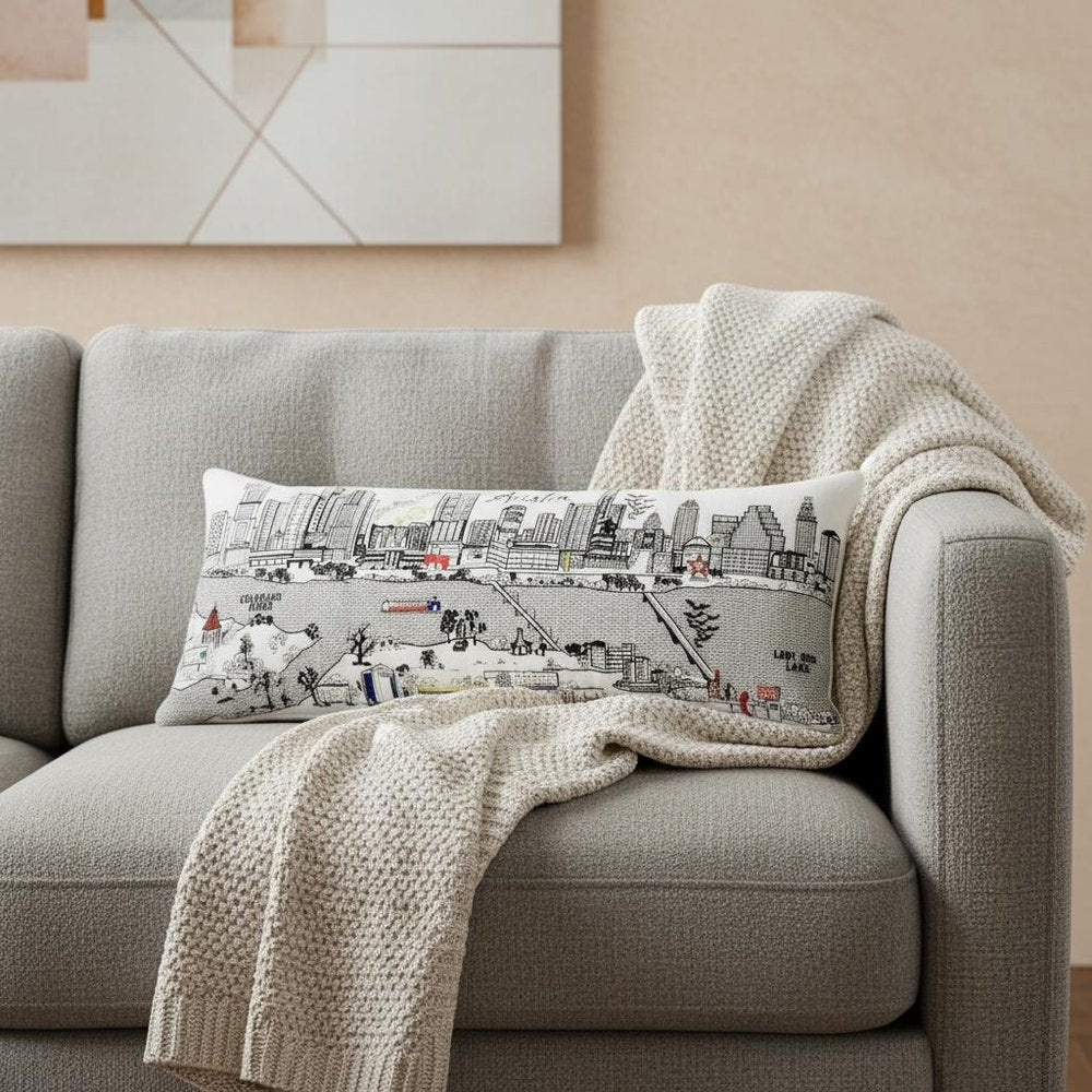 14" X 35" Dark Gray And White Austin Nighttime Skyline Lumbar Decorative Pillow HomeRoots