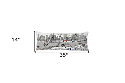 14" X 35" Dark Gray And White Austin Nighttime Skyline Lumbar Decorative Pillow HomeRoots