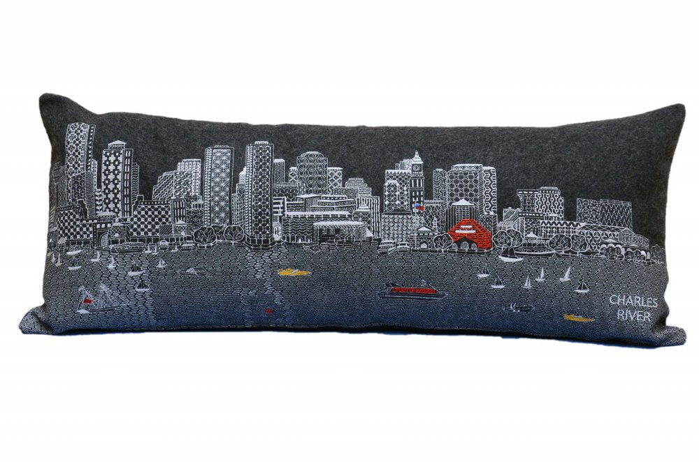 14" X 35" Dark Gray And White Boston Night Skyline Lumbar Decorative Pillow — view 2