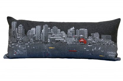 14" X 35" Dark Gray And White Boston Night Skyline Lumbar Decorative Pillow HomeRoots