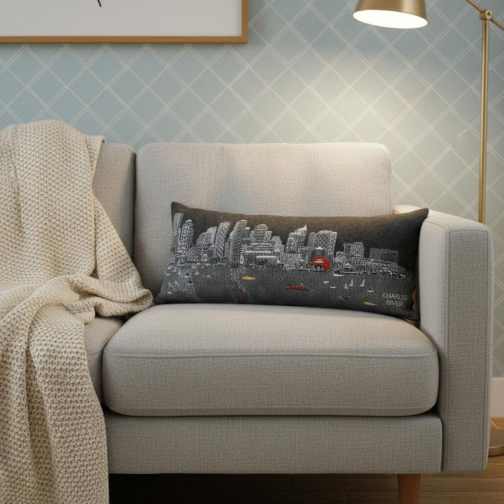 14" X 35" Dark Gray And White Boston Night Skyline Lumbar Decorative Pillow HomeRoots