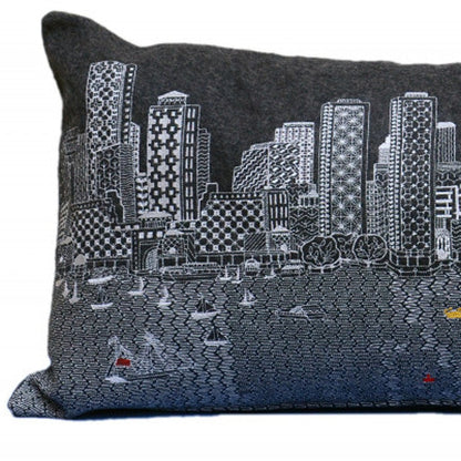 35" Black Boston Nighttime Skyline Lumbar Decorative Pillow FurniFindUSA