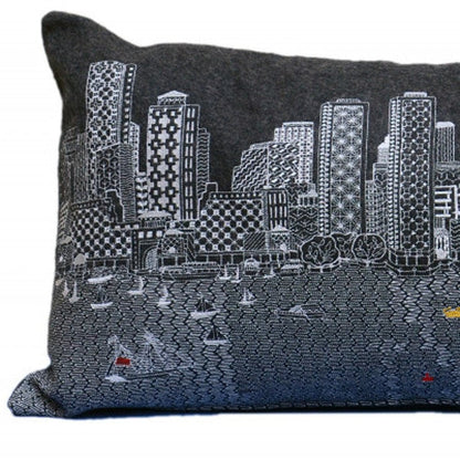 14" X 35" Dark Gray And White Boston Night Skyline Lumbar Decorative Pillow HomeRoots