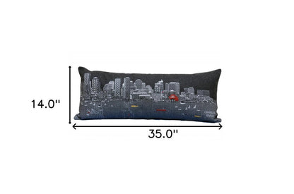 14" X 35" Dark Gray And White Boston Night Skyline Lumbar Decorative Pillow HomeRoots