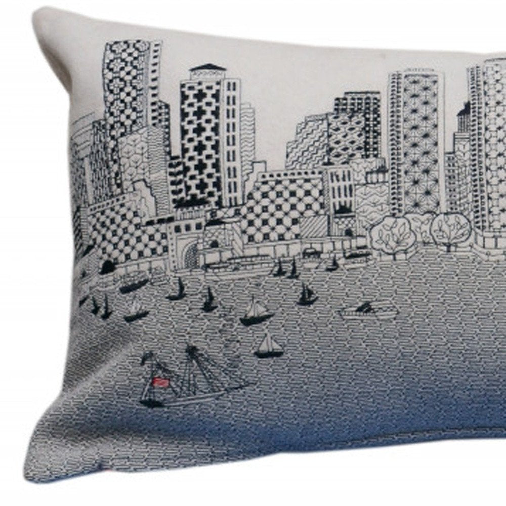 14" X 35" Dark Gray And White Boston Night Skyline Lumbar Decorative Pillow HomeRoots