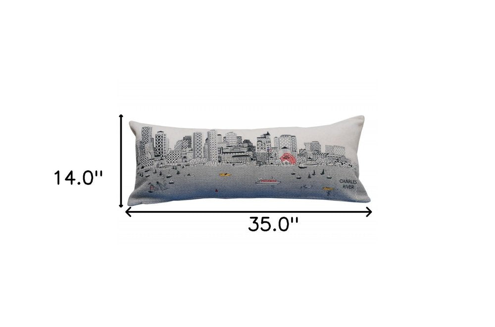14" X 35" Dark Gray And White Boston Night Skyline Lumbar Decorative Pillow HomeRoots
