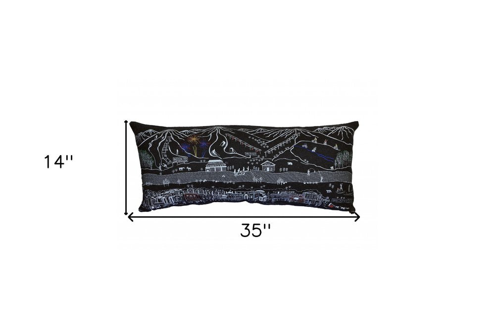 14" X 35" Dark Gray And White Breckenridge Nighttime Skyline Lumbar Decorative Pillow HomeRoots