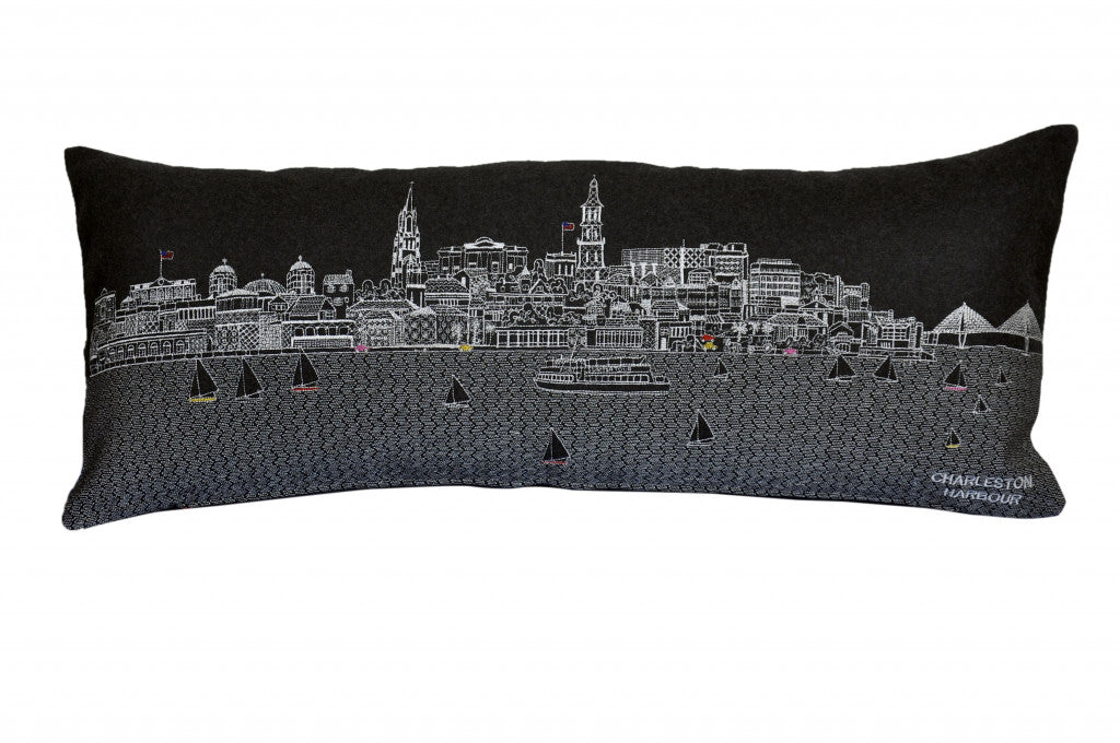 35" Black Charleston Nighttime Skyline Lumbar Decorative Pillow FurniFindUSA