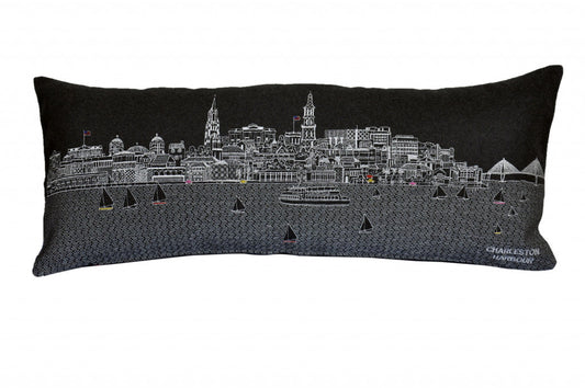 35" Black Charleston Nighttime Skyline Lumbar Decorative Pillow FurniFindUSA