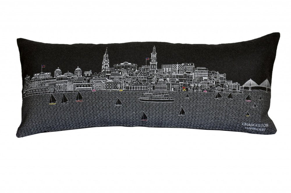 14" X 35" Dark Gray And White Charleston Nighttime Skyline Lumbar Decorative Pillow — view 2