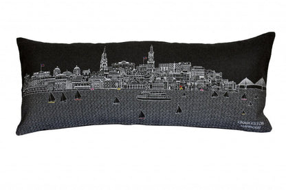 14" X 35" Dark Gray And White Charleston Nighttime Skyline Lumbar Decorative Pillow HomeRoots