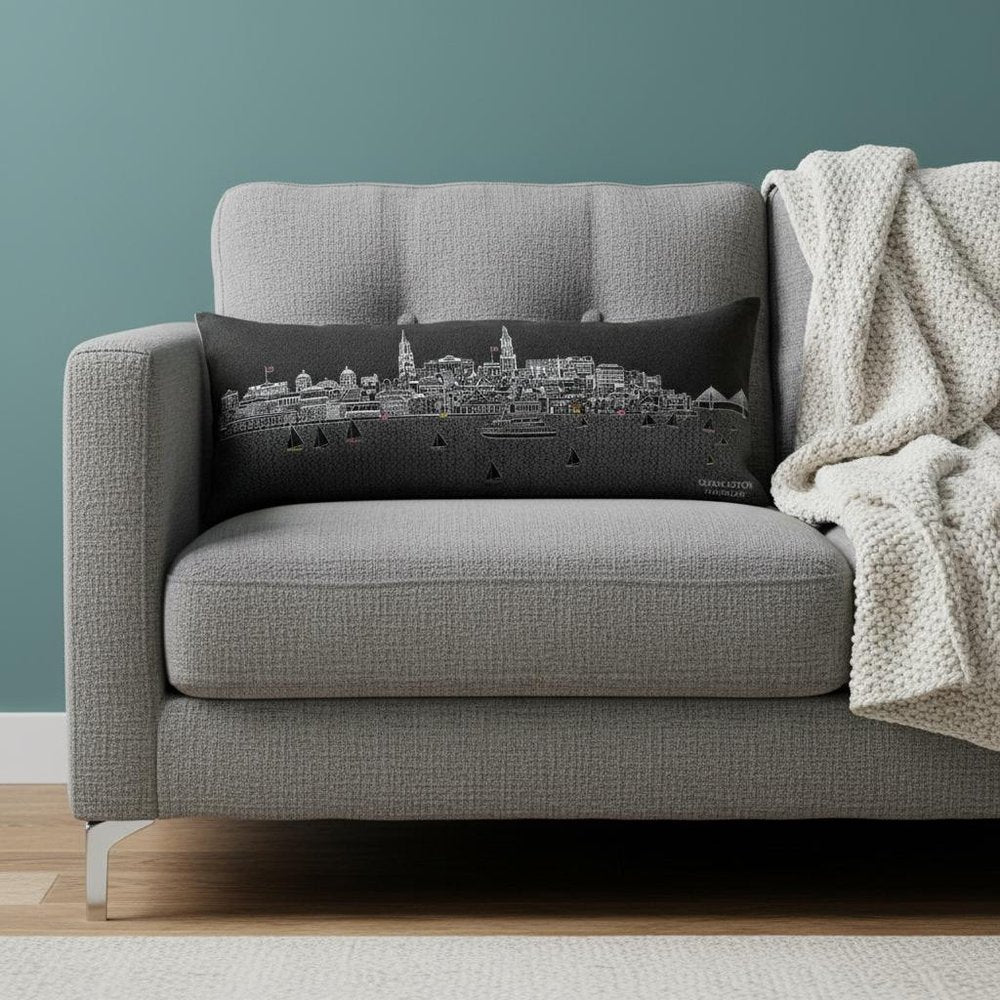 14" X 35" Dark Gray And White Charleston Nighttime Skyline Lumbar Decorative Pillow — view 1