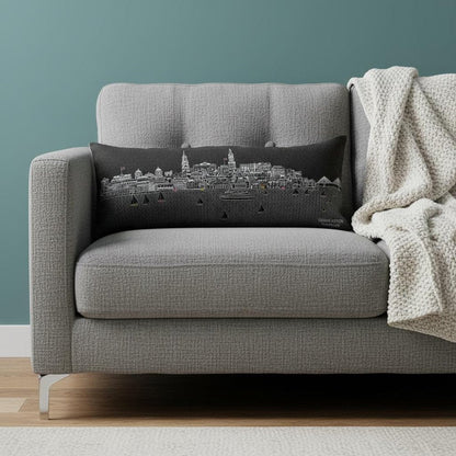 14" X 35" Dark Gray And White Charleston Nighttime Skyline Lumbar Decorative Pillow HomeRoots