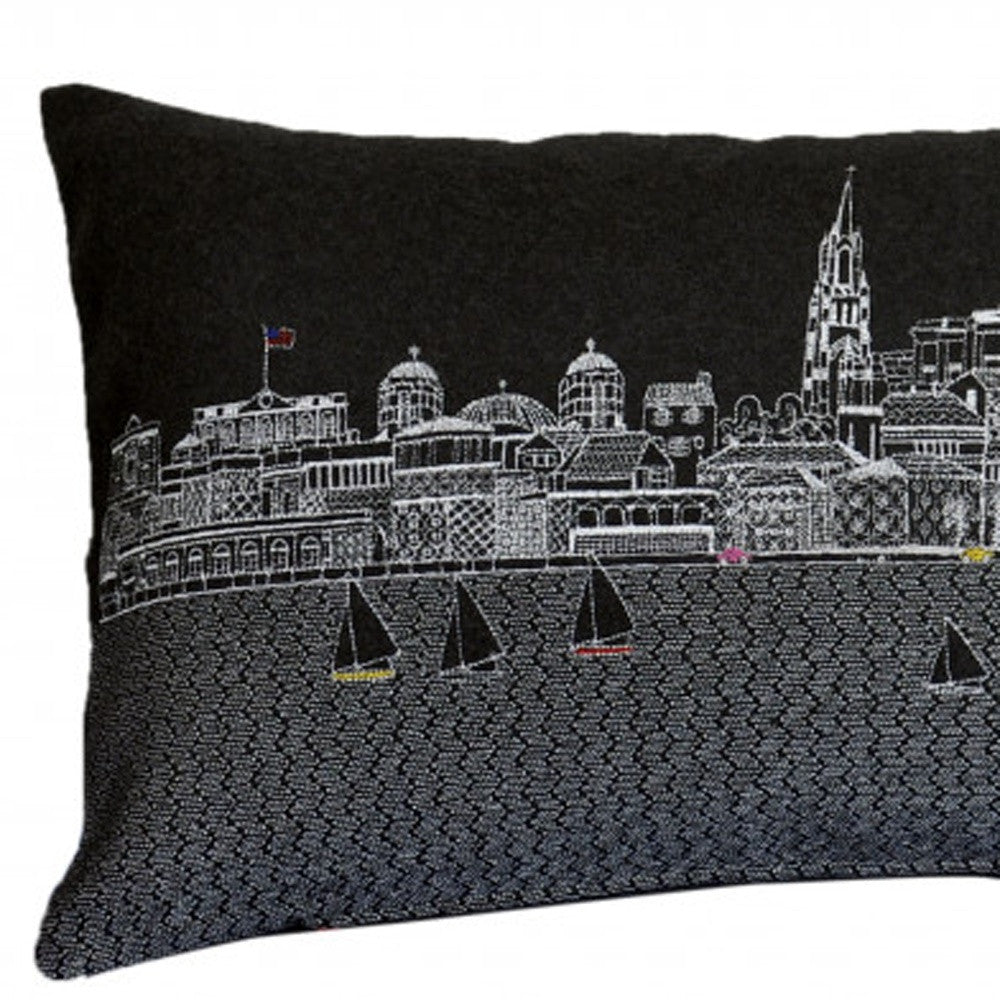 35" Black Charleston Nighttime Skyline Lumbar Decorative Pillow FurniFindUSA