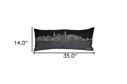 14" X 35" Dark Gray And White Charleston Nighttime Skyline Lumbar Decorative Pillow HomeRoots