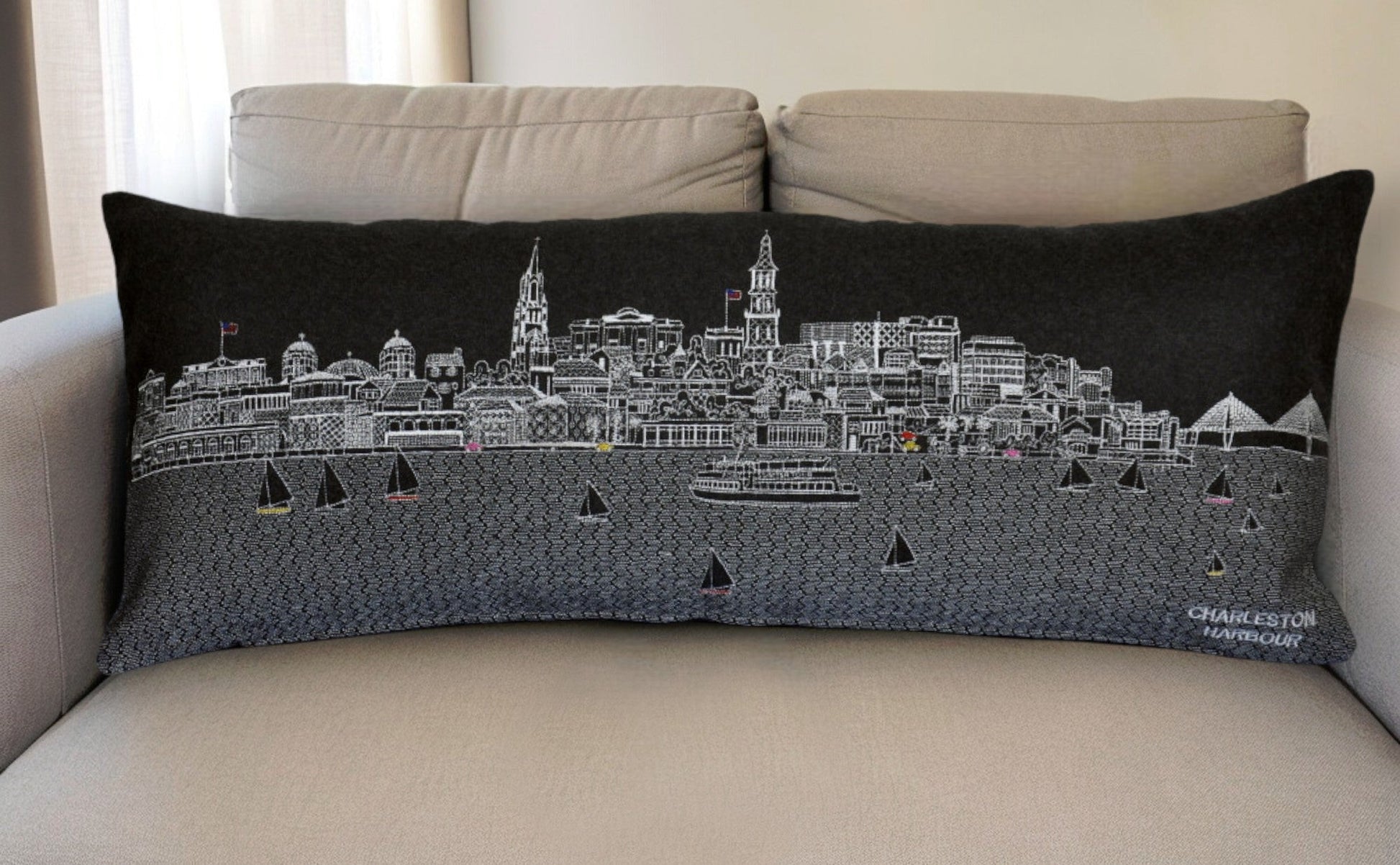 35" Black Charleston Nighttime Skyline Lumbar Decorative Pillow FurniFindUSA