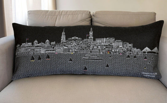 35" Black Charleston Nighttime Skyline Lumbar Decorative Pillow FurniFindUSA
