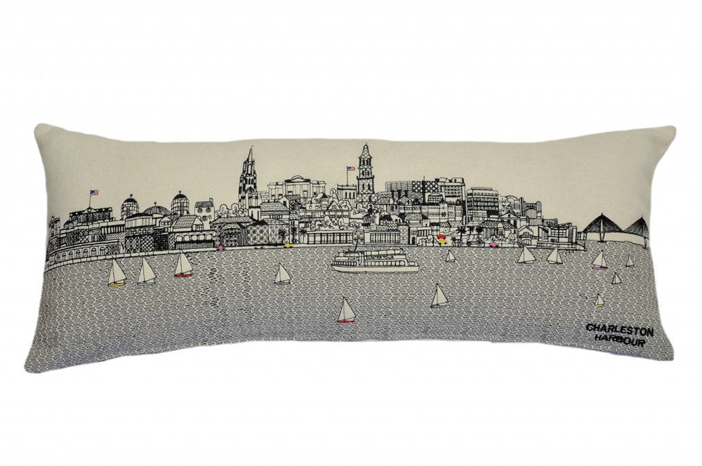 14" X 35" Dark Gray And White Charleston Nighttime Skyline Lumbar Decorative Pillow — view 5