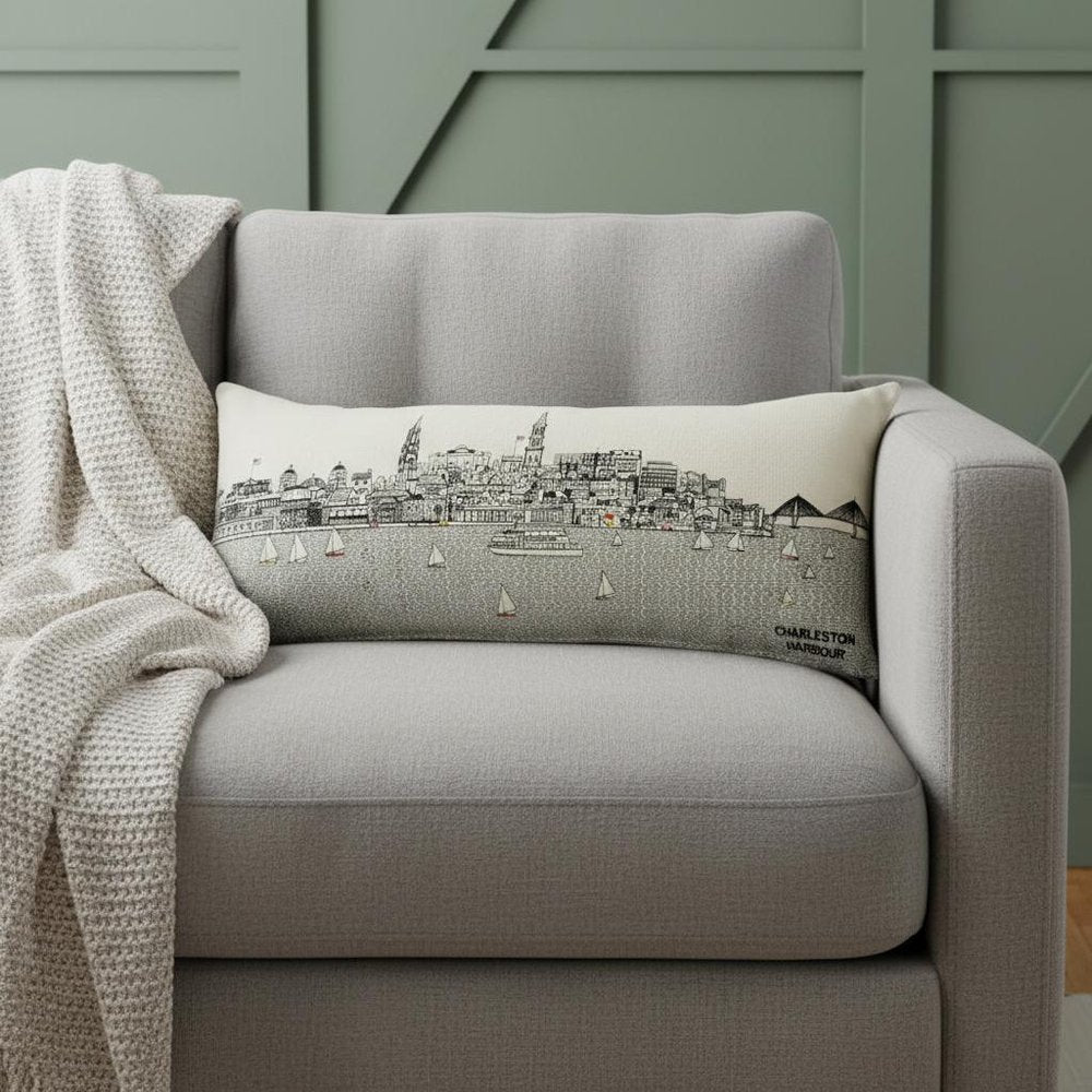 14" X 35" Dark Gray And White Charleston Nighttime Skyline Lumbar Decorative Pillow HomeRoots